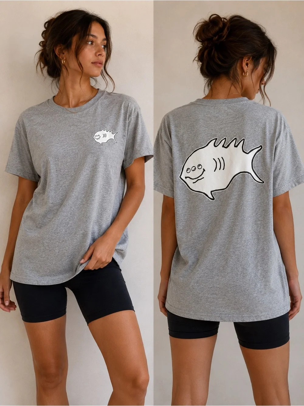 Grey Fish Graphic Tee Oversized Casual Streetwear T-Shirt Medium